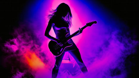 rock concert female guitarist silhouette more blue and purple background , generated by AI. High-quality photoの素材