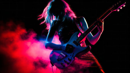 rock concert female guitarist silhouette more blue and purple background , generated by AI. High-quality photoの素材