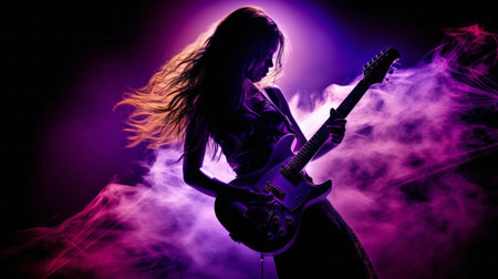 rock concert female guitarist silhouette more blue and purple background , generated by AI. High-quality photoの素材