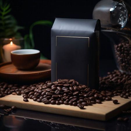 advertising sack and coffee beans on wood , generated by AI. High-quality photoの素材