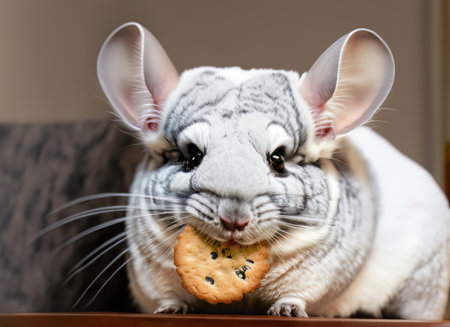 gray and white chinchilla eat a cookie , generated by AI. High-quality photoの素材