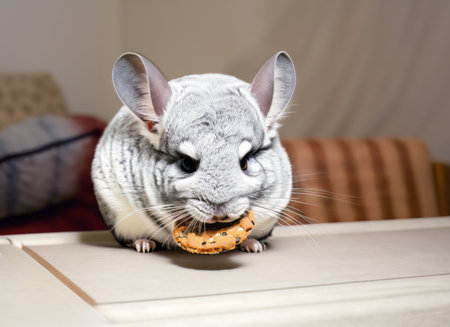 gray and white chinchilla eat a cookie , generated by AI. High-quality photoの素材