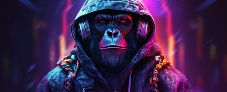 chimpanzee face in modern techno style neon event poster , generated by AI. High-quality photoの素材