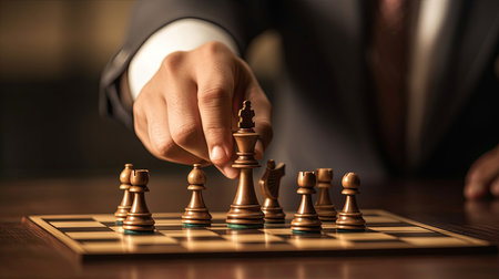 Businessman moving chess piece on chess board game, generated by AI. High quality photoの素材