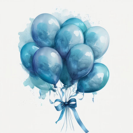 illustration in watercolor of light blue balloons birth baby boy shower, generated by AI. High quality photoの素材