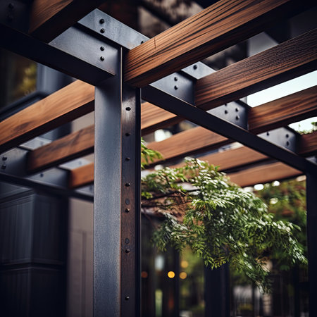 close up shot of a modern arbor industrial connection detail of a luxury home hospitality property, wood and steel connections, moody environment, generated by AI. High quality photoの素材