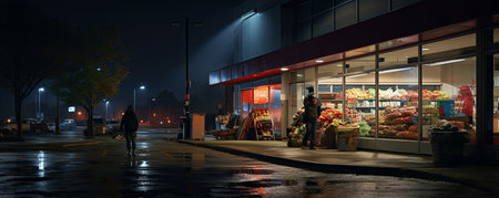 grocery store outside, night time, style raw, generated by AI. High quality photoの素材