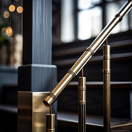 close up shot of a modern stair railing industrial connection detail of a luxury home hospitality property, brass and steel connections, moody environment, generated by AI. High quality photoの素材