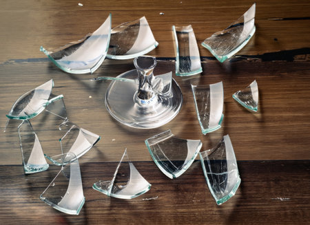 broken glass glasses mirror on wooden floor, generated by AI. High quality photoの素材