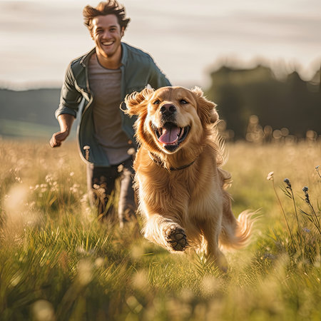 labrador dog running with a man outdoors, generated by AI. High quality photoの素材