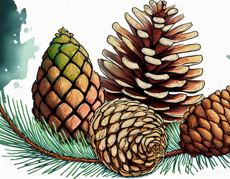 variety of pine cone, botanical illustration, white background, generated by AI. High quality photoの素材