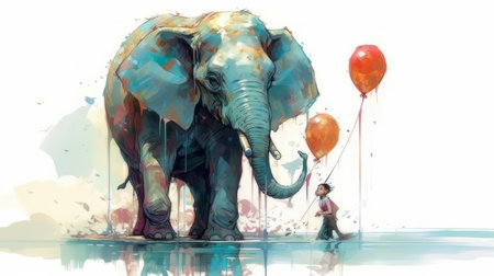 illustration of elephant with red balloons, generated by AI. High quality photoの素材