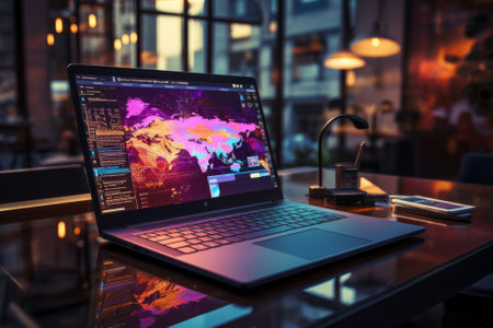 laptop on futuristic desk mockup, generated by AI. High quality photoの素材