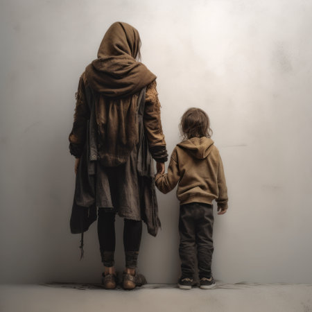 mother and son in precarious homeless conditions, generated by AI. High quality photoの素材