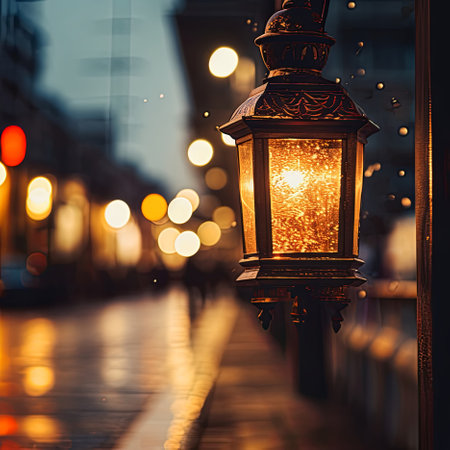 lantern lit on a rainy night, generated by AI. High quality photoの素材