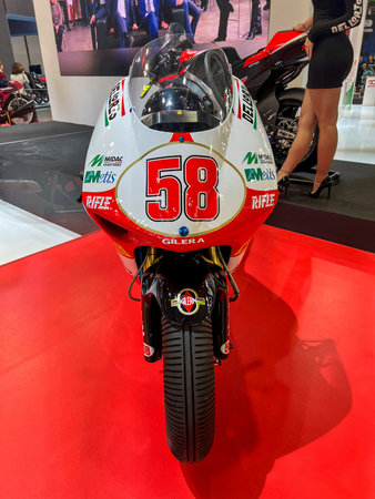 Milan, Italy : 2023 01 28 Eicma Milano Bike Expo Beta Enduro Gilera 250cc Marco Simoncelli. High...