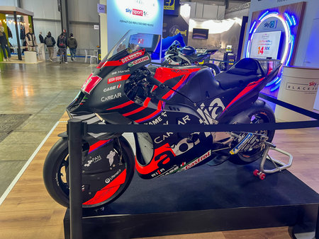 Milan, Italy : 2023 01 28 Eicma Milano Bike Expo Beta Enduro MotoGp Aprilia Pol Espargaro. High...