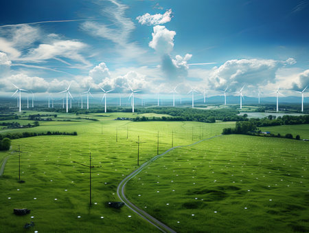 Wind turbines on the meadow. Renewable energy concept. 3D renderingの素材