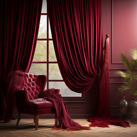 Red velvet curtains in classic interior with armchair. 3d renderの素材