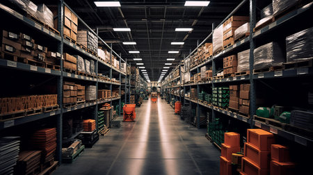 Interior of a warehouse with shelves and racks full of boxes.の素材