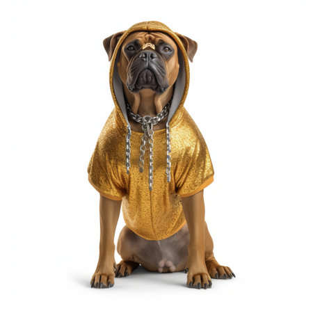 Boxer dog wearing a golden raincoat, isolated on white backgroundの素材