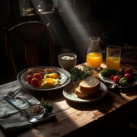 Breakfast in the dark with orange juice, bread, eggs and vegetablesの素材
