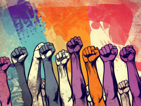 Raised hands in protest against racism and discrimination. Grunge illustration.の素材