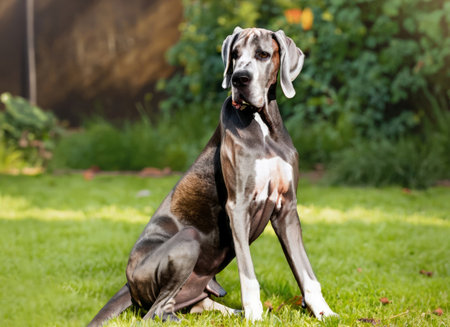 Portrait of a great dane sitting on the grass in the gardenの素材