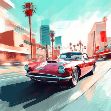 Vintage american car on the road in Los Angeles, Californiaの素材