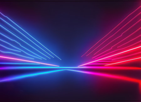 3d render, abstract background, empty dark room with neon linesの素材