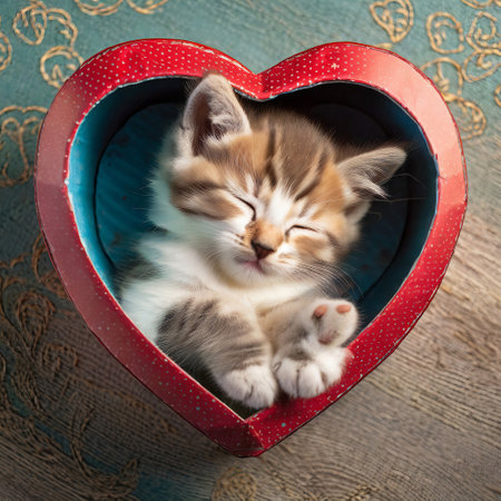 puppy cat sleeps in red heart-shaped bed, taken from above, generated by AI. High quality photoの素材