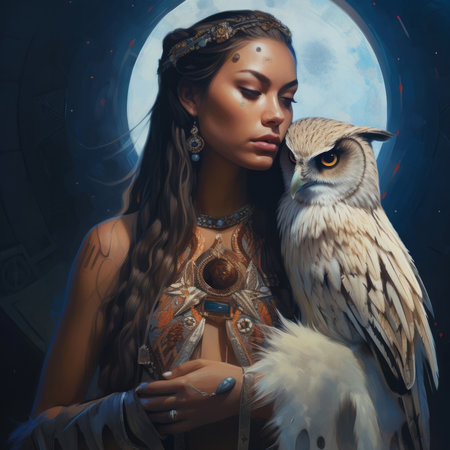 beautiful young lady surrounded by owl, generated by AI. High quality photoの素材