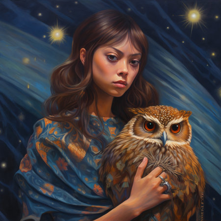 beautiful young lady surrounded by owl, generated by AI. High quality photoの素材