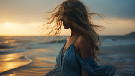portrait blonde woman wearing light blue dress walking on the beach, generated by AI. High quality photoの素材