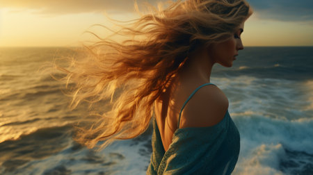 portrait blonde woman wearing light blue dress walking on the beach, generated by AI. High quality photoの素材