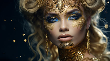 beautiful women, her face all covered in golden powder, generated by AI. High quality photoの素材