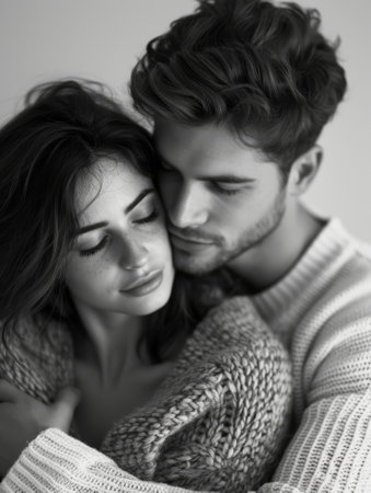 hug of couple of kids smiling in black and white, generated by AI. High quality photoの素材