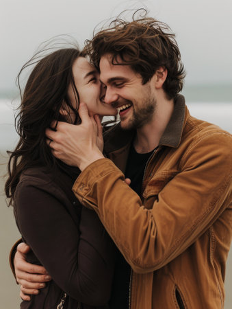 hug between a couple of boys by the sea in autumn, generated by AI. High quality photoの素材