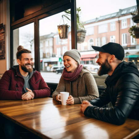three friends at a table in a bar, generated by AI. High quality photoの素材