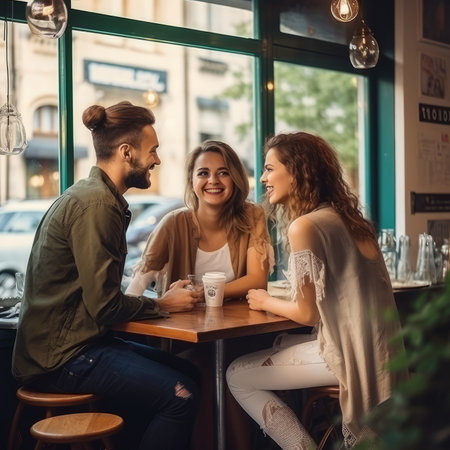three friends at a table in a bar, generated by AI. High quality photoの素材