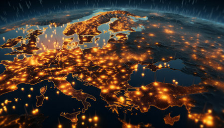 Visualize glowing cryptocurrencies taking flight from space, generated by AI. High quality photoの素材