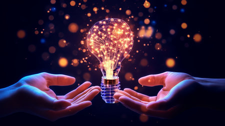 Close up of human hands holding glowing light bulb on dark background. Idea conceptの素材