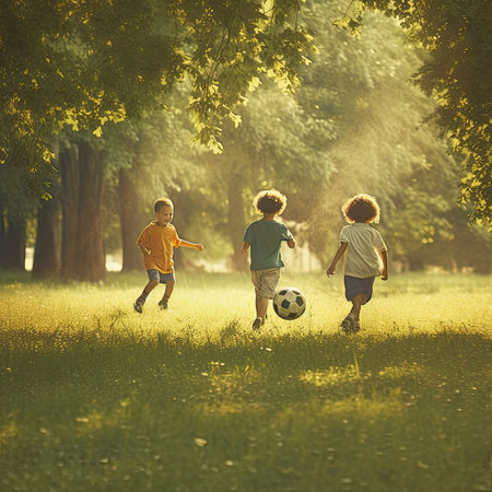 Happy children playing football in the park. Kids having fun on a sunny day.の素材