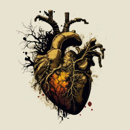Human heart with veins and blood. Vector illustration in vintage style.の素材