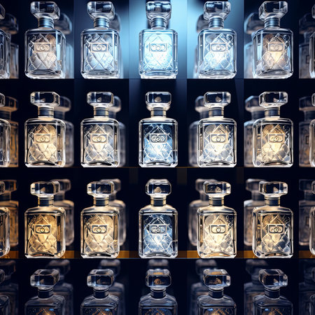 Vintage perfume bottles on black background. Collage. 3D renderingの素材