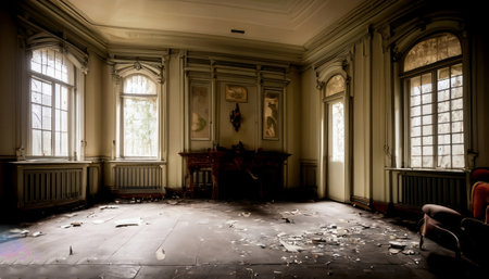 Interior view of an old abandoned mansion in a state of disrepairの素材