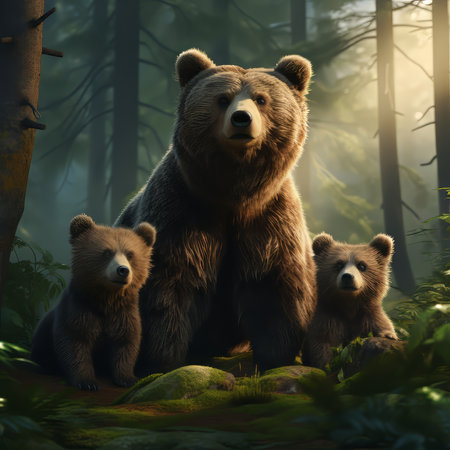 A brown bear and her cub with keen eyes are in the forest. The mother, a terrestrial carnivore, displays her adaptation as a protective parent.generated by AIの素材