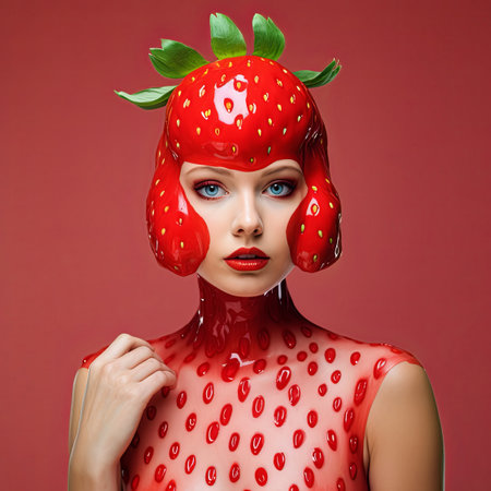 A woman adorned with a strawberry motif on her face and body, showcasing the art of lipstick, fashion design, and unique patterns. Includes lip, neck, eyelash, headgear, wig, and fruit elements, generated by AIの素材