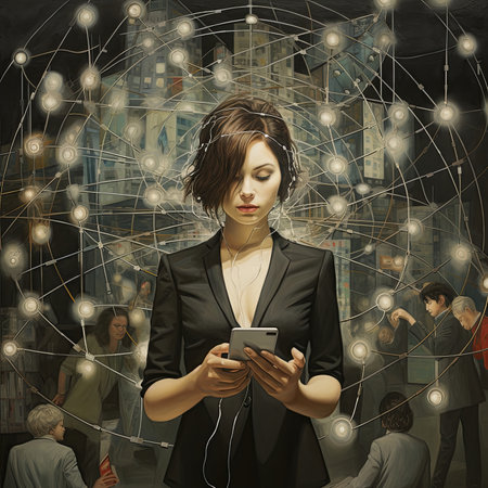 A woman in a stylish black blazer is captivated by her cell phone at a fashionable event. The snapshot showcases the sleek sleeve design in a flash photography moment , generated by AIの素材