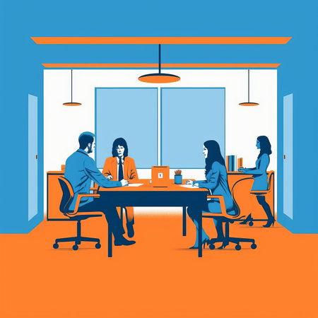 A group of individuals are gathered around a rectangle table, surrounded by chairs, sharing leisure time in front of a window. The room is filled with art and comfortable furnitureの素材